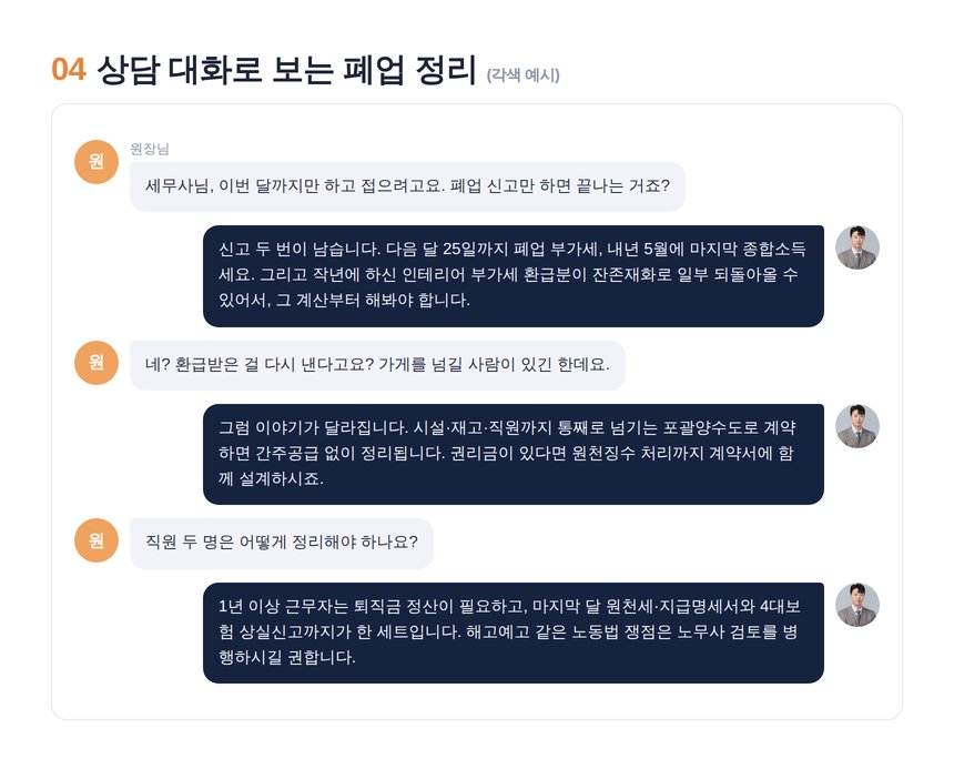 미용실 폐업 세무사 상담 대화 각색 예시
