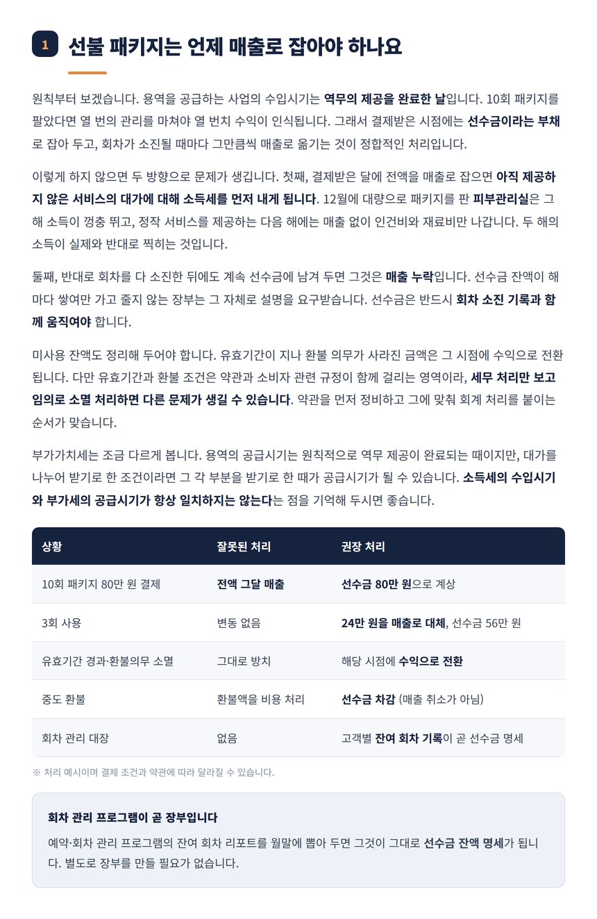 선불 패키지 결제와 회차 소진에 따른 매출 처리 비교표