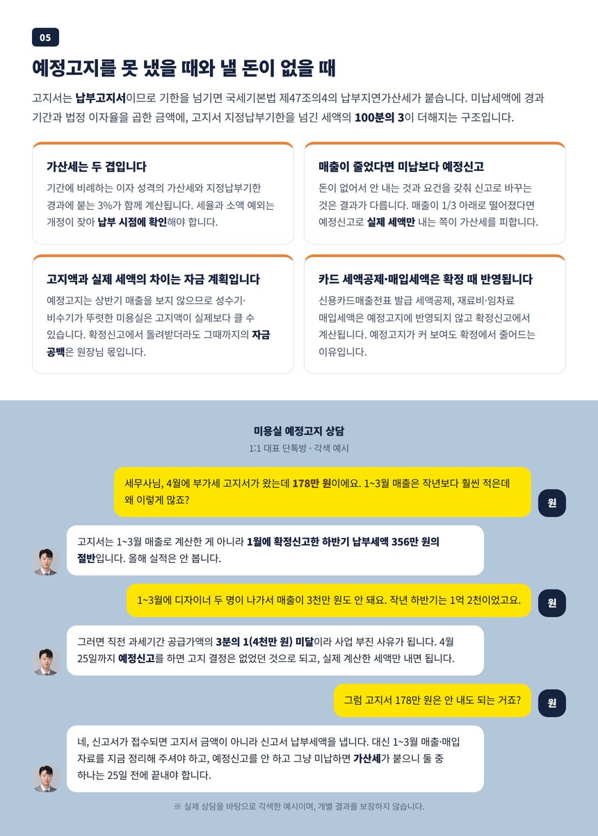 예정고지 미납 시 가산세와 미용실 예정고지 세무사 단톡방 상담 각색 예시