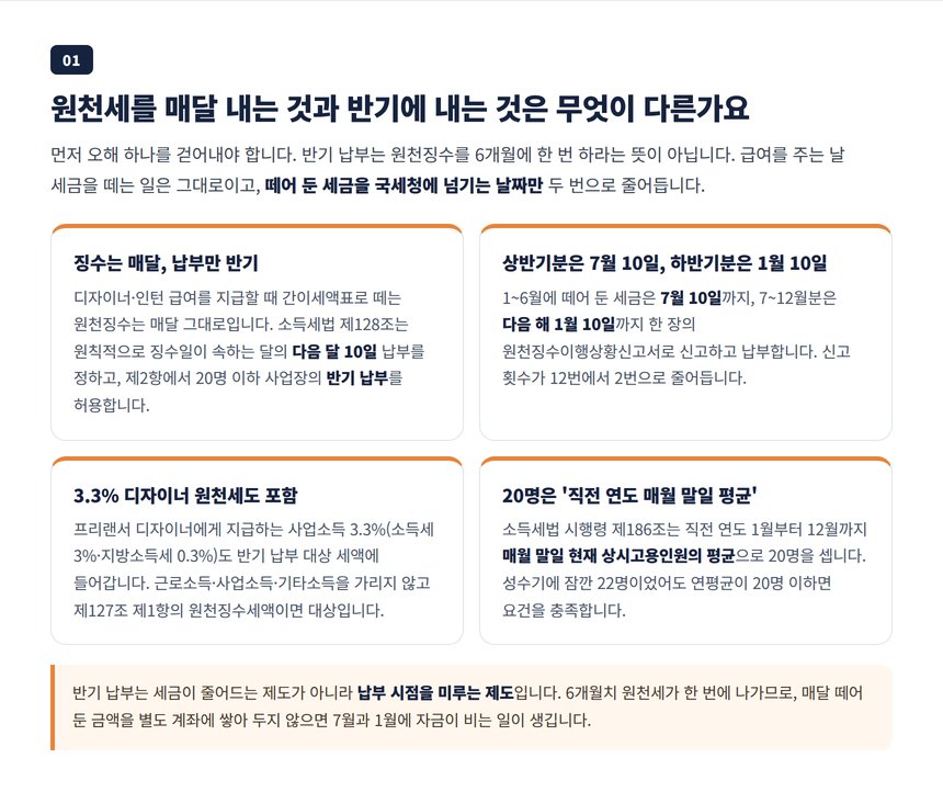 매달 10일 원천세와 반기 납부의 차이 — 징수는 매달, 납부만 7월 10일과 1월 10일