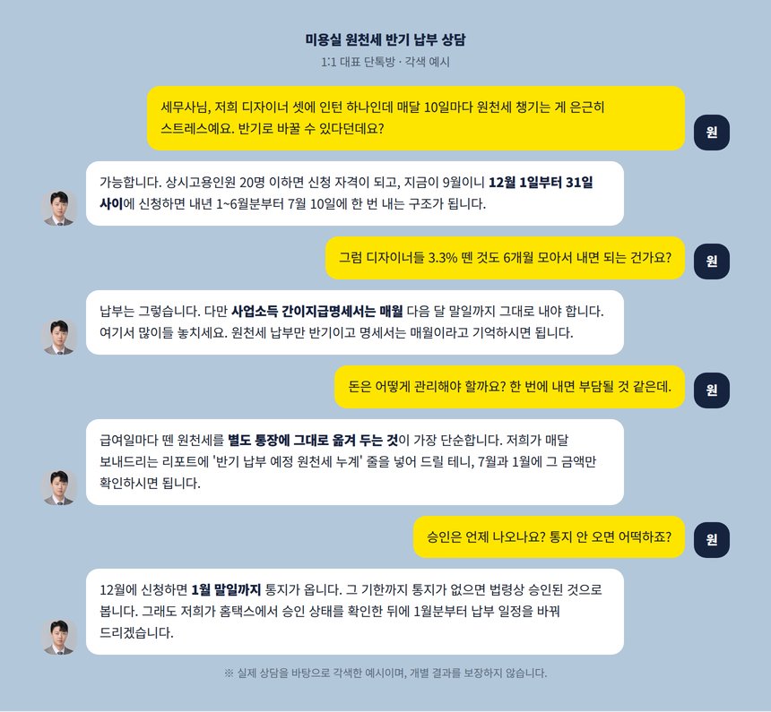 미용실 원천세 세무사 상담 대화 각색 예시 — 디자이너 3.3%와 인턴 급여의 반기 처리