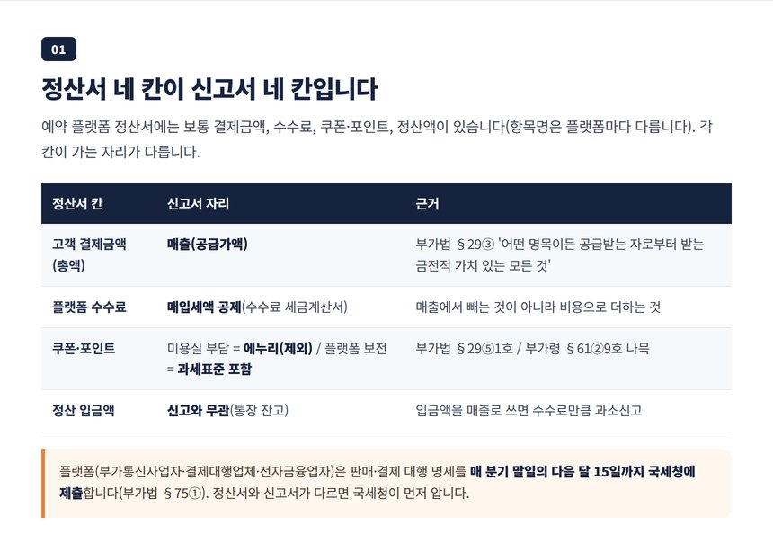 예약 플랫폼 정산서 네 칸을 부가세 신고서 네 칸으로 옮기는 대사표