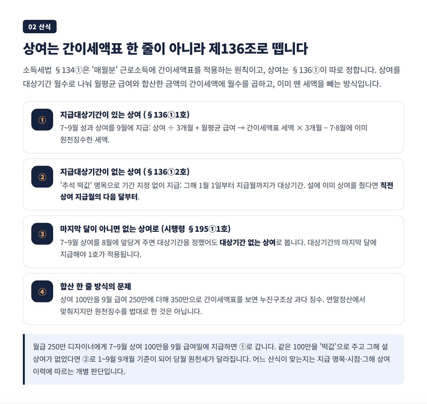 상여금 원천징수 산식, 소득세법 제136조 지급대상기간 있는 상여와 없는 상여