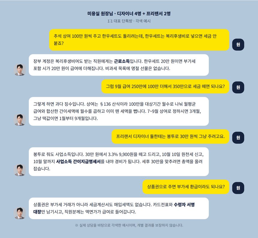 미용실 원장과 세무사의 추석 상여 단톡방 상담 각색 예시