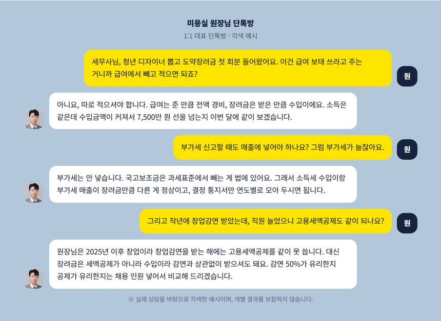 미용실 원장과 세무사의 고용장려금 1:1 단톡방 각색 예시