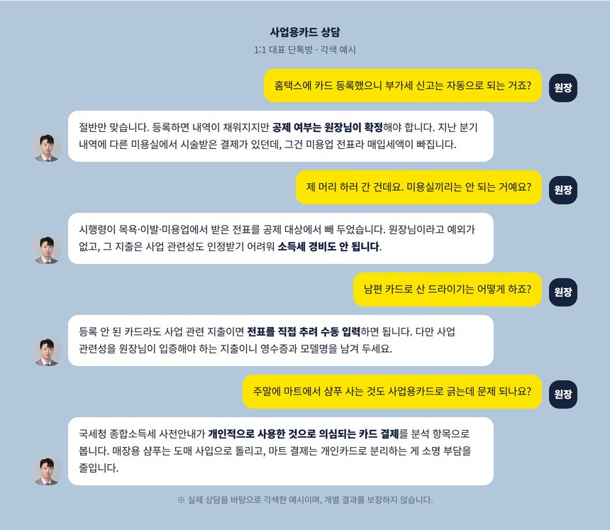 미용실 사업용카드 세무사 1:1 대표 단톡방 상담 대화 각색 예시, 타 미용실 결제와 가족카드