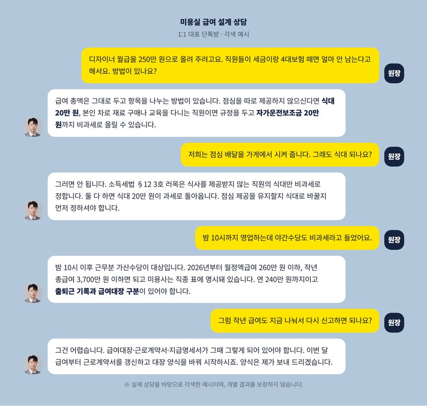 미용실 급여 설계 상담 단톡방 각색 예시, 야간수당과 식대
