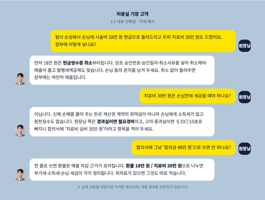 미용실 환불 세무사 1:1 대표 단톡방 각색 예시, 현금 환불 처리 문의