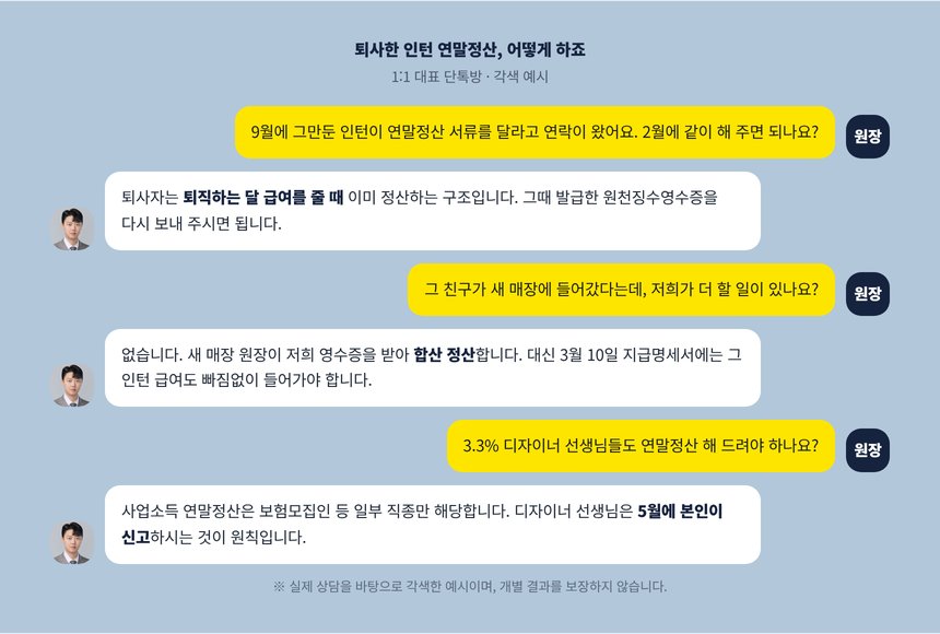 퇴사한 인턴의 연말정산을 두고 원장과 세무사가 나눈 단톡방 각색 예시