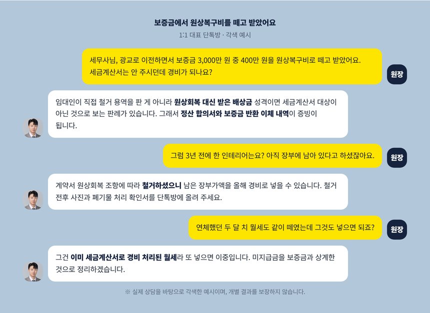 보증금에서 원상복구비를 떼고 돌려받은 원장님과 대표세무사의 단톡방 각색 예시