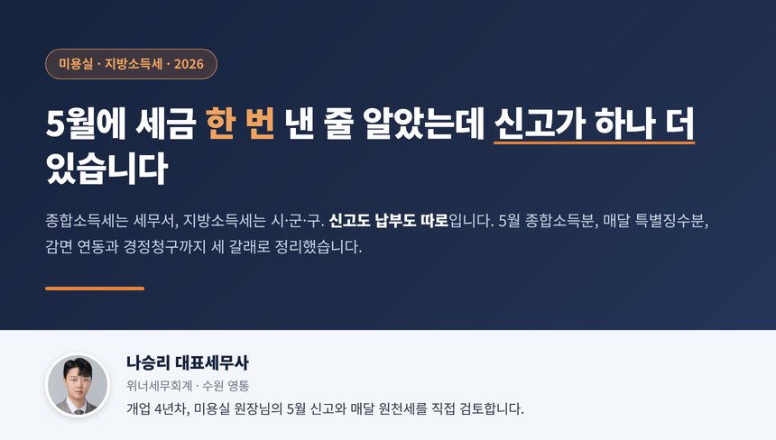 미용실 지방소득세 세무사, 5월 종합소득세와 같은 기한에 지자체에 따로 신고해야 하고 직원 급여와 3.3%에서 뗀 특별징수분은 다음 달 10일까지 사업장 관할에 내며 11월 중간예납은 없습니다