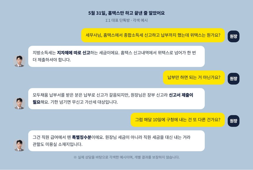 단톡방 각색 예시, 홈택스 신고 후 위택스 지방소득세 신고를 놓친 원장의 질문
