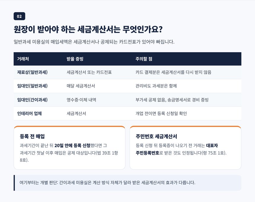 미용실이 받아야 하는 매입 세금계산서와 간이과세 임대인 증빙을 정리한 표