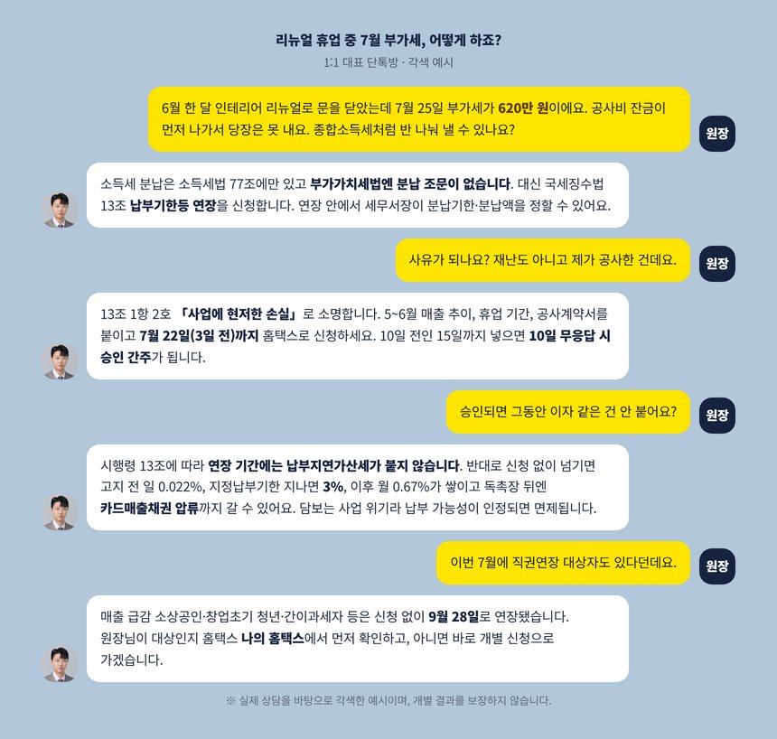 리뉴얼 휴업으로 부가세 납부가 어려운 원장과 세무사의 단톡방 각색 예시