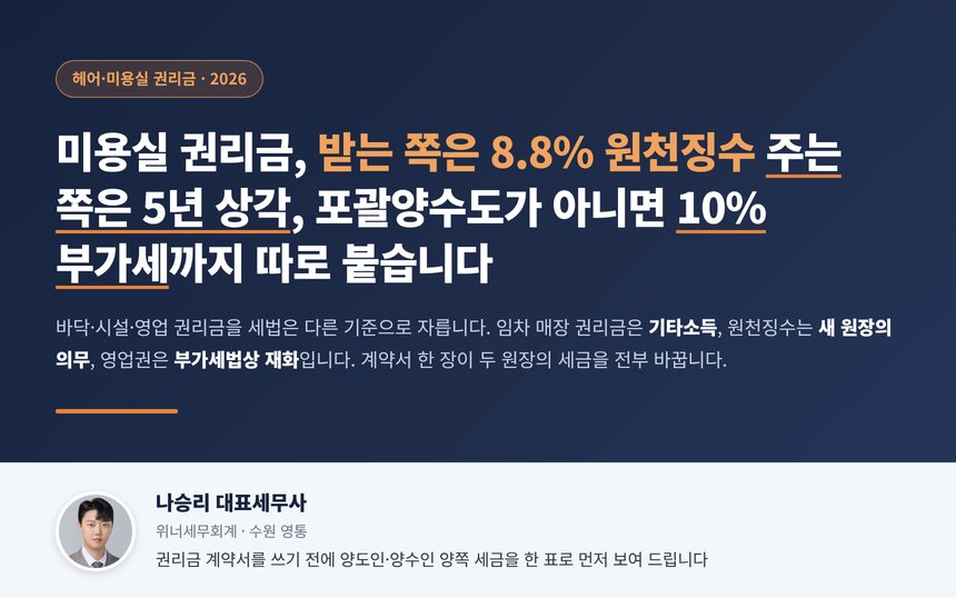 미용실 권리금 세무사 대표 이미지, 권리금은 받는 쪽 기타소득 8.8% 원천징수와 주는 쪽 5년 상각으로 갈린다