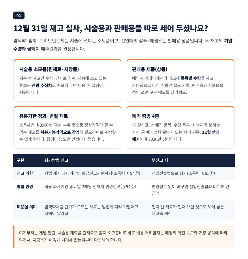 염색약 펌제 샴푸 기말재고 실사와 유통기한 경과 재료 폐기 증빙 네 가지