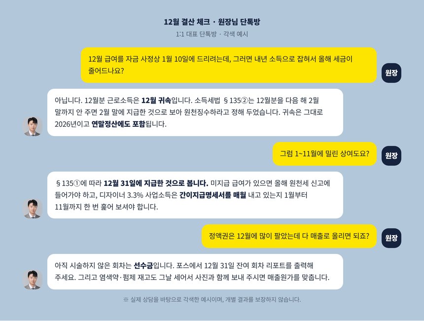 원장과 세무사의 단톡방 각색 예시, 12월 급여를 1월에 지급할 때 귀속과 정액권 선수금 질문